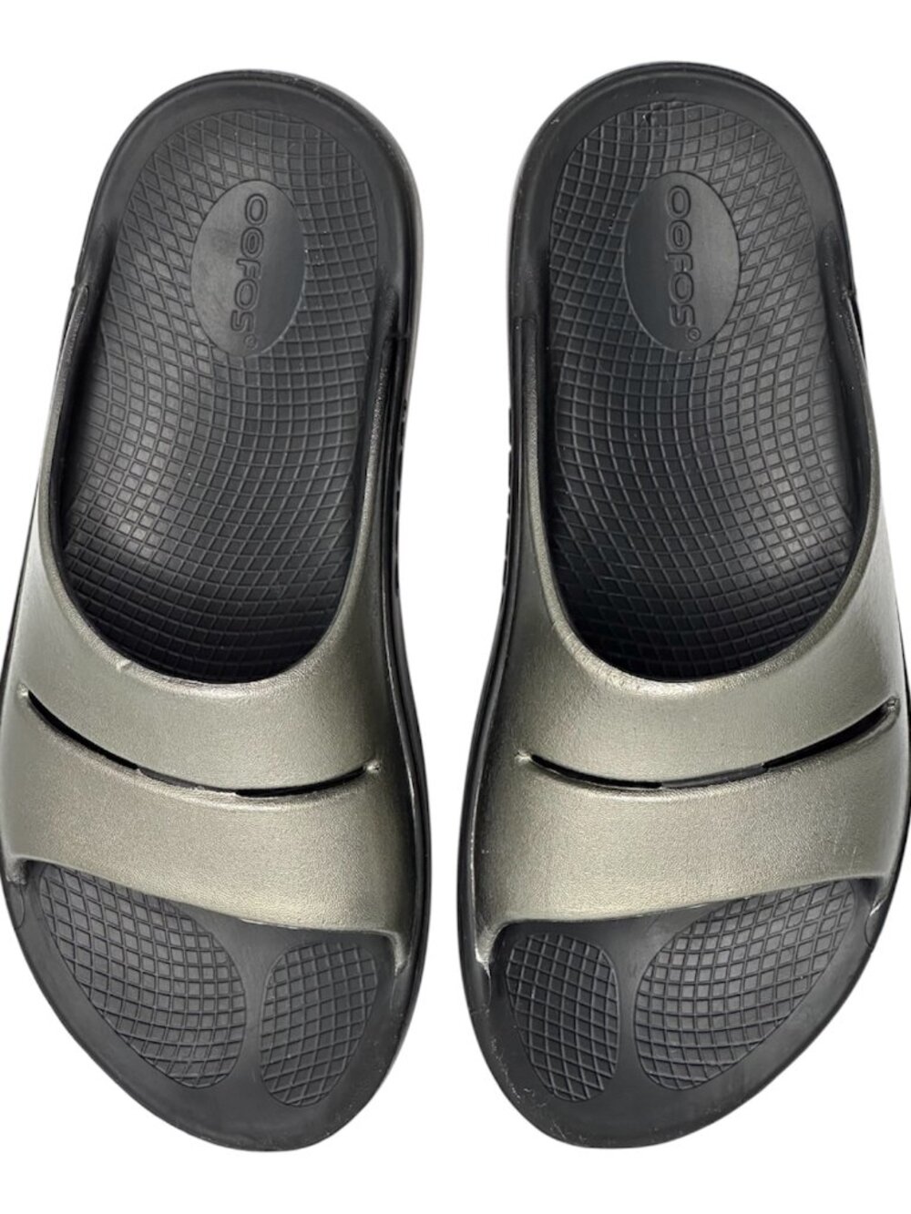 Oofos OOahh Luxe Recovery Slide Sandals Unisex M8/W10 Metallic Gunmetal